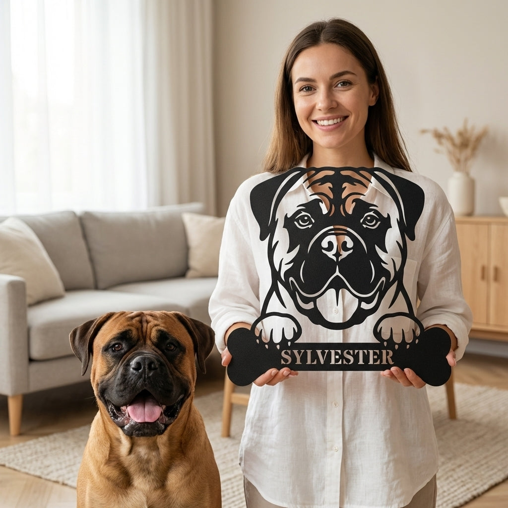 Personalized Bullmastiff Dog With Bone Metal Sign. Custom Funny Dog Name Decor