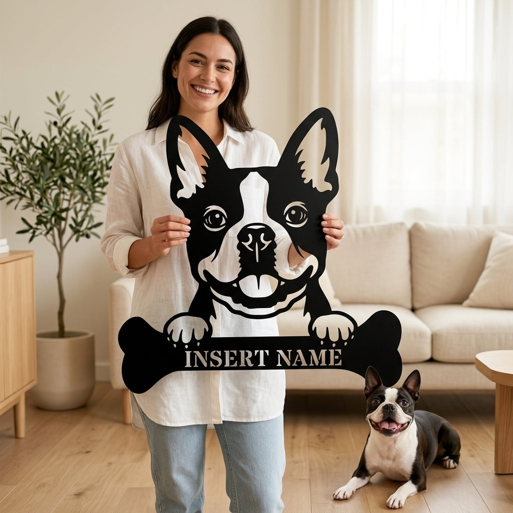 Personalized Boston Terrier With Bone Metal Sign. Custom Funny Dog Name Decor