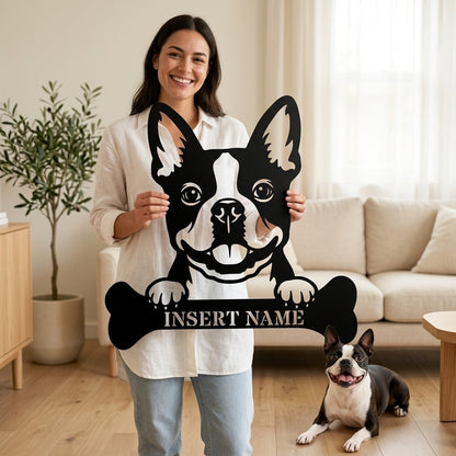Personalized Boston Terrier With Bone Metal Sign. Custom Funny Dog Name Decor