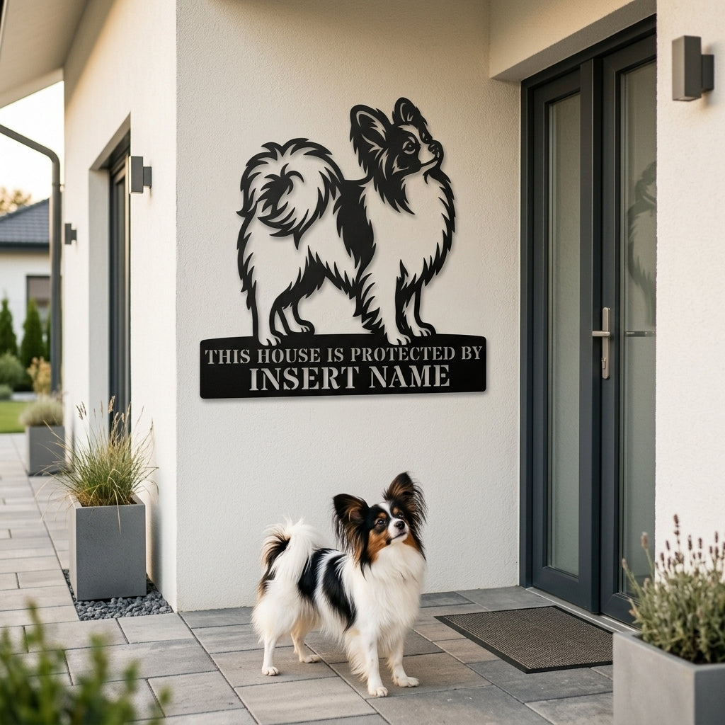 Personalized Papillon Dog Guard Metal Sign. Custom Dog Protect Name Wall Decor