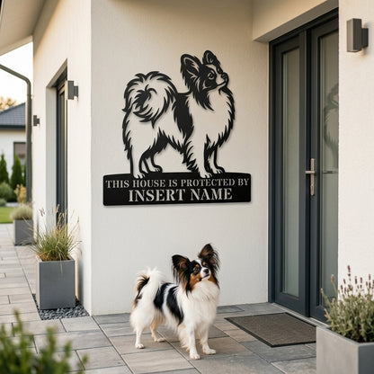 Personalized Papillon Dog Guard Metal Sign. Custom Dog Protect Name Wall Decor