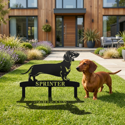 Personalized Dachshund Garden Metal Sign With Stakes. Custom Dog Lover Name Gift
