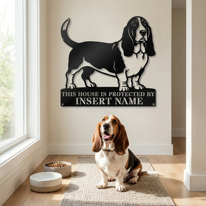 Personalized Basset Hound Guard Metal Sign. Custom Dog Name Wall Decor
