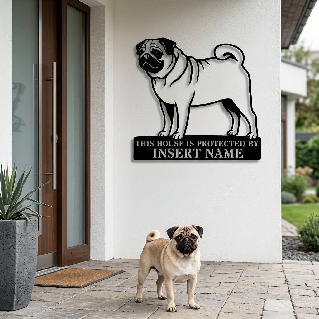 Personalized Pug Guard Metal Sign. Custom Dog Protect Name Wall Decor