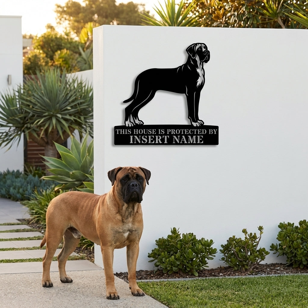 Personalized Bullmastiff Dog Guard Metal Sign. Custom Dog Name Wall Decor