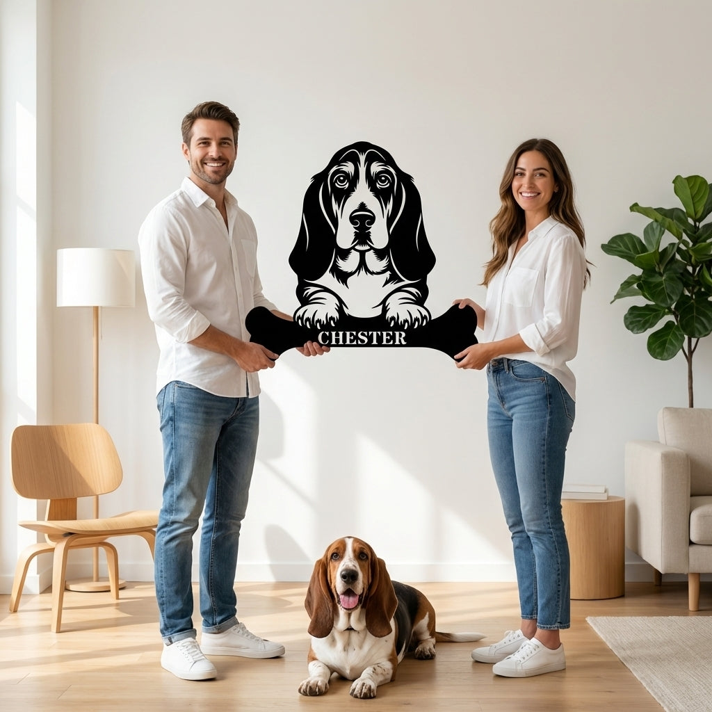 Personalized Basset Hound With Bone Metal Sign. Funny Peek-a-boo dog Wall Decor