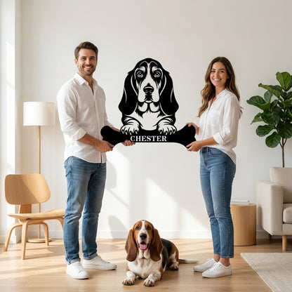 Personalized Basset Hound With Bone Metal Sign. Funny Peek-a-boo dog Wall Decor