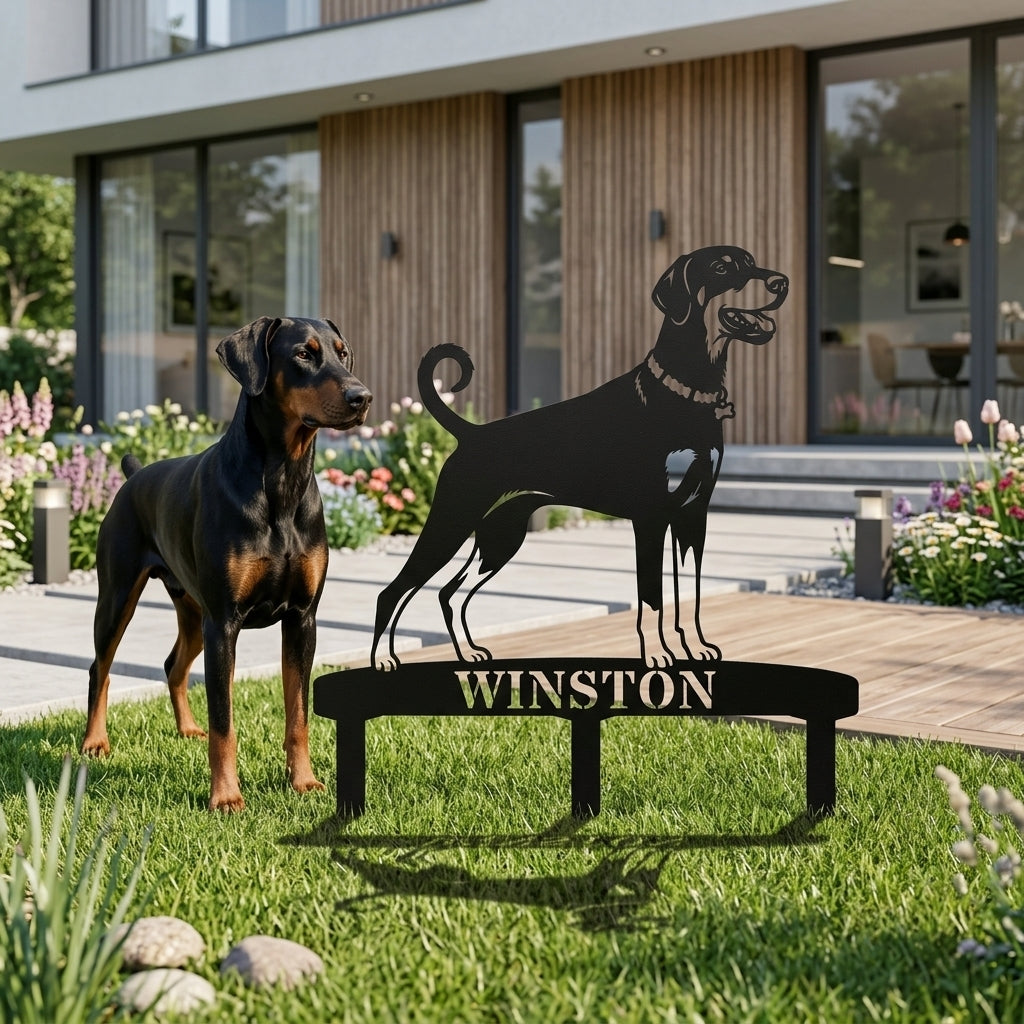 Personalized Dobermann Garden Metal Sign With Stakes. Custom Dog Lover Name Gift