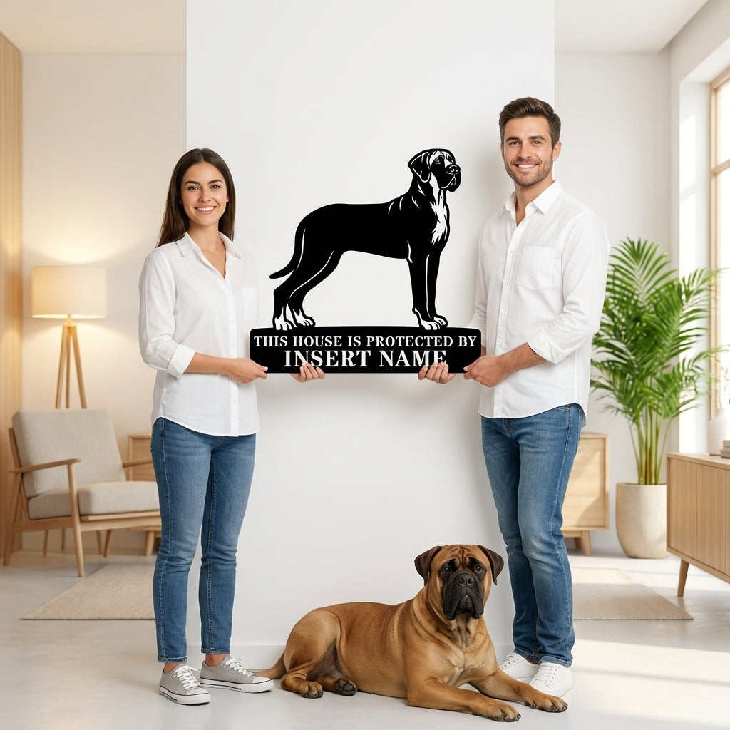Personalized Bullmastiff Dog Guard Metal Sign. Custom Dog Name Wall Decor