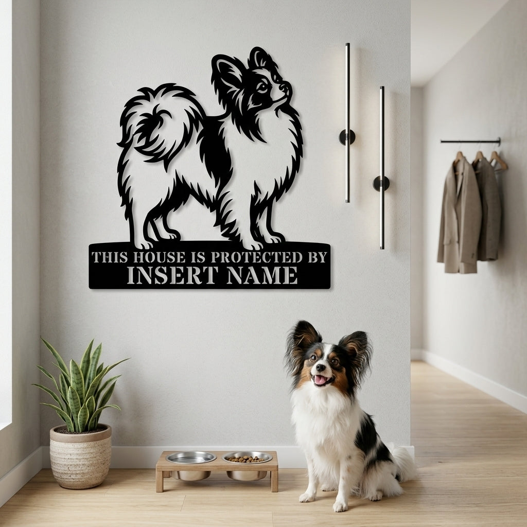 Personalized Papillon Dog Guard Metal Sign. Custom Dog Protect Name Wall Decor