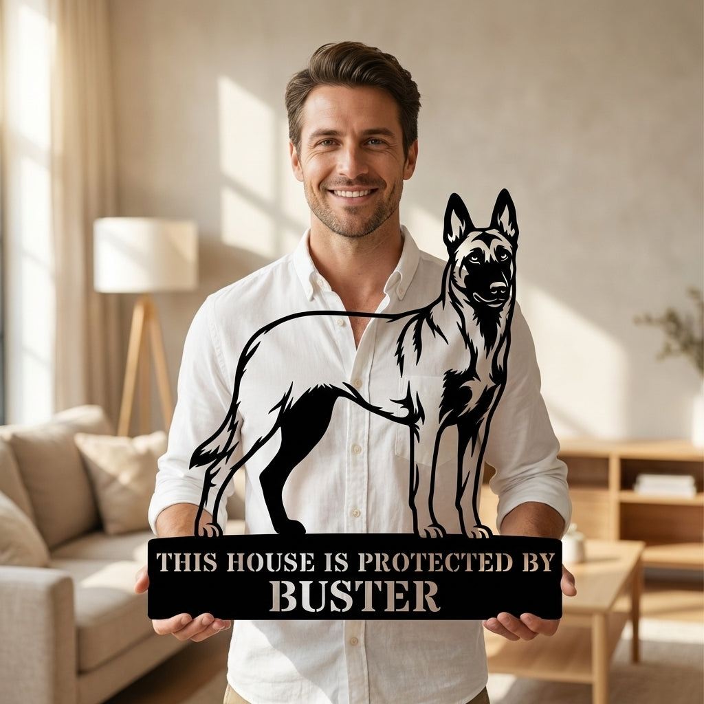 Personalized Belgian Shepherd Guard Metal Sign. Custom Dog Name Wall Decor