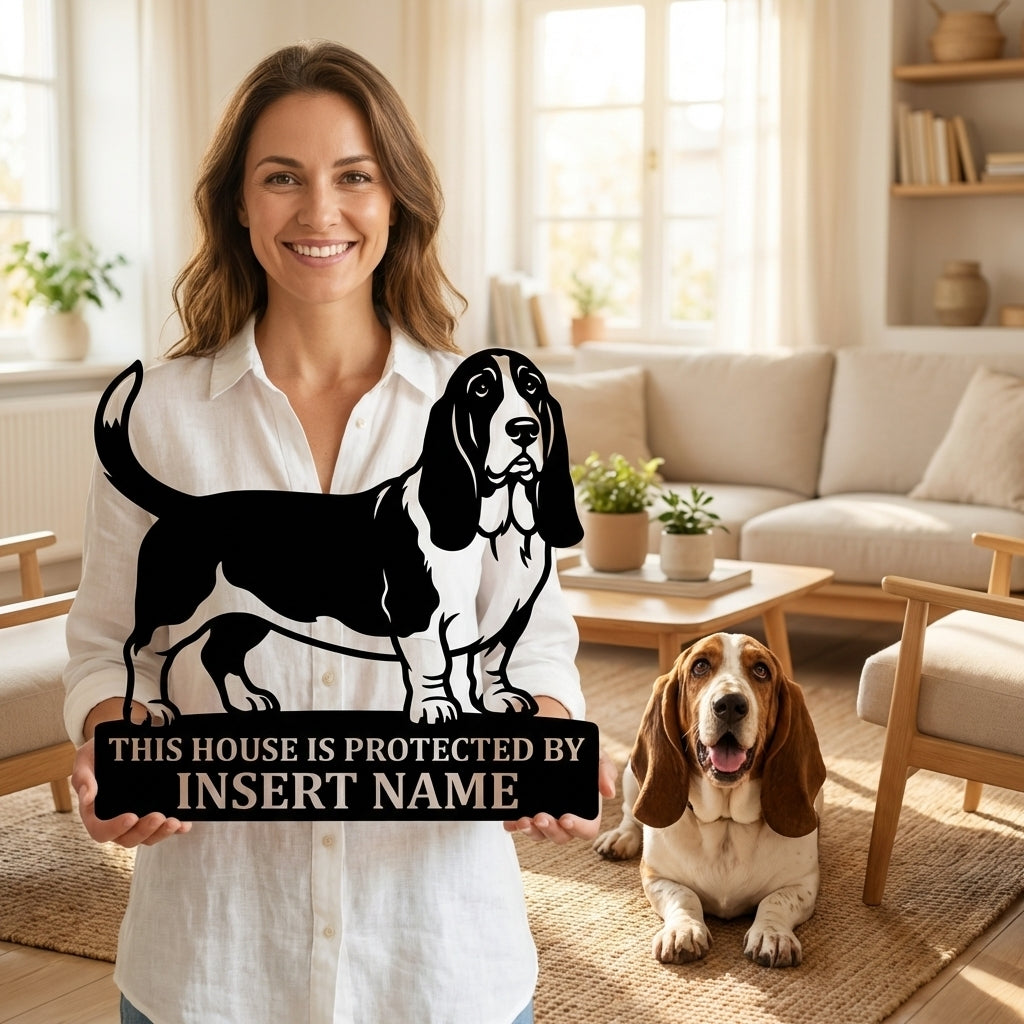 Personalized Basset Hound Guard Metal Sign. Custom Dog Name Wall Decor