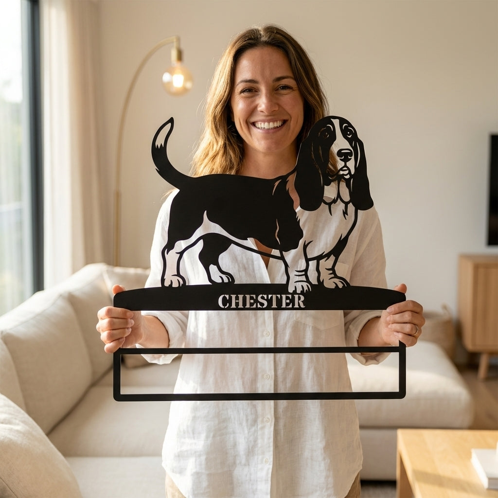 Personalized Basset Hound Rosette Name Metal Sign. Custom Dog Champion Display