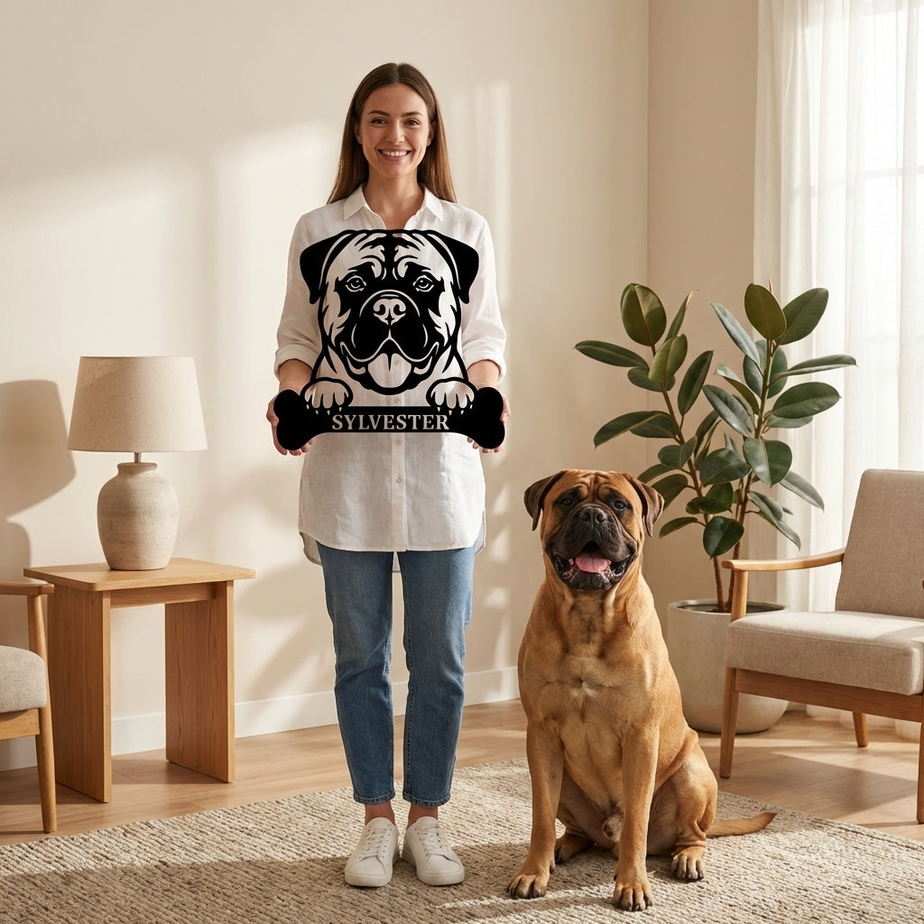 Personalized Bullmastiff Dog With Bone Metal Sign. Custom Funny Dog Name Decor