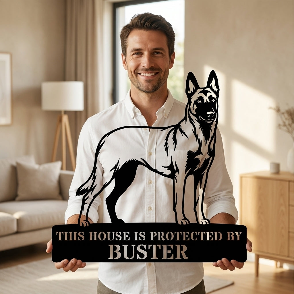 Personalized Belgian Shepherd Guard Metal Sign. Custom Dog Name Wall Decor
