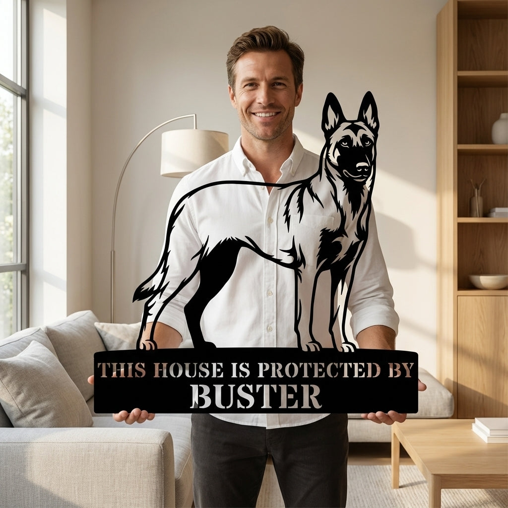 Personalized Belgian Shepherd Guard Metal Sign. Custom Dog Name Wall Decor