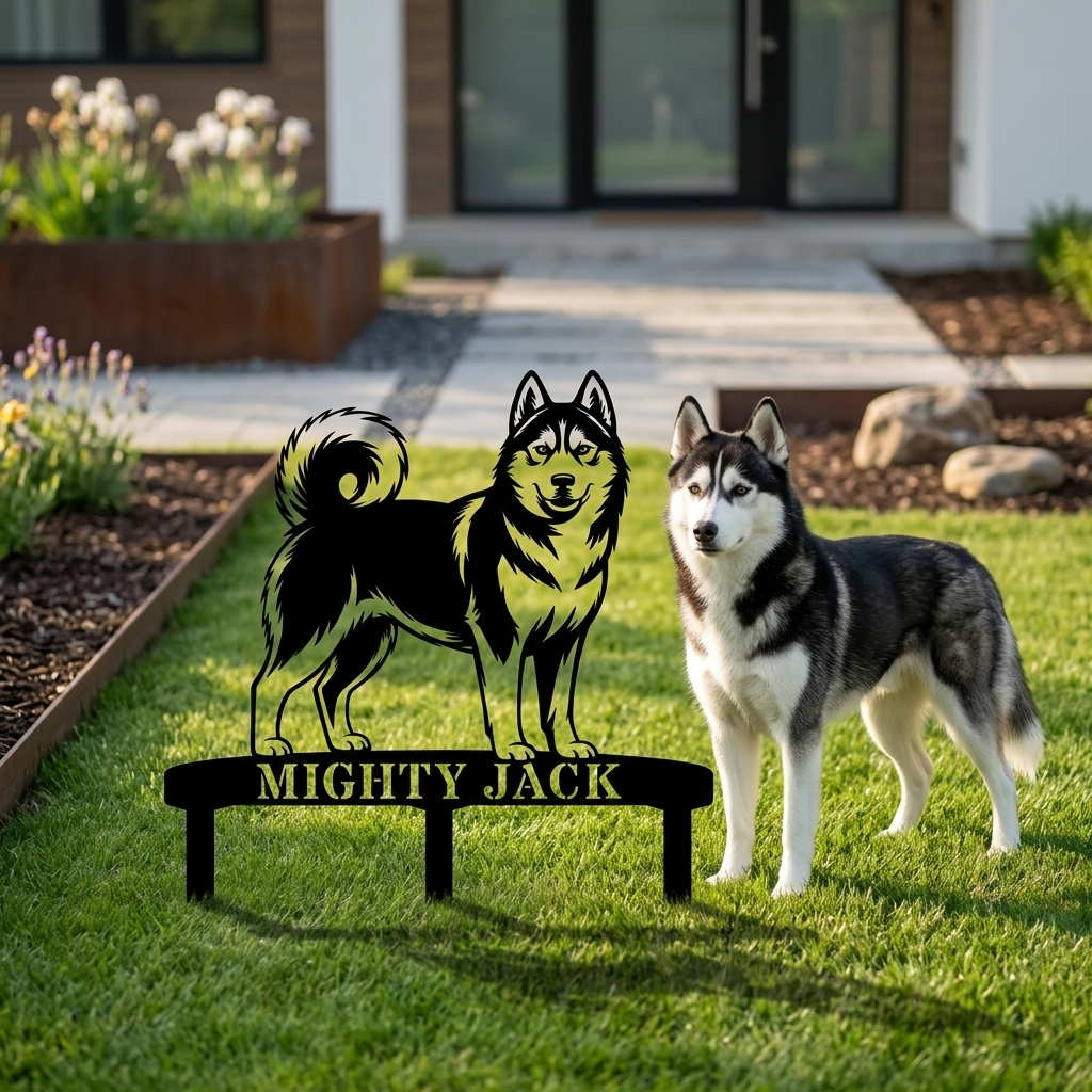 Personalized Husky Garden Metal Sign With Stakes. Custom Dog Lover Remembrance Name Gift