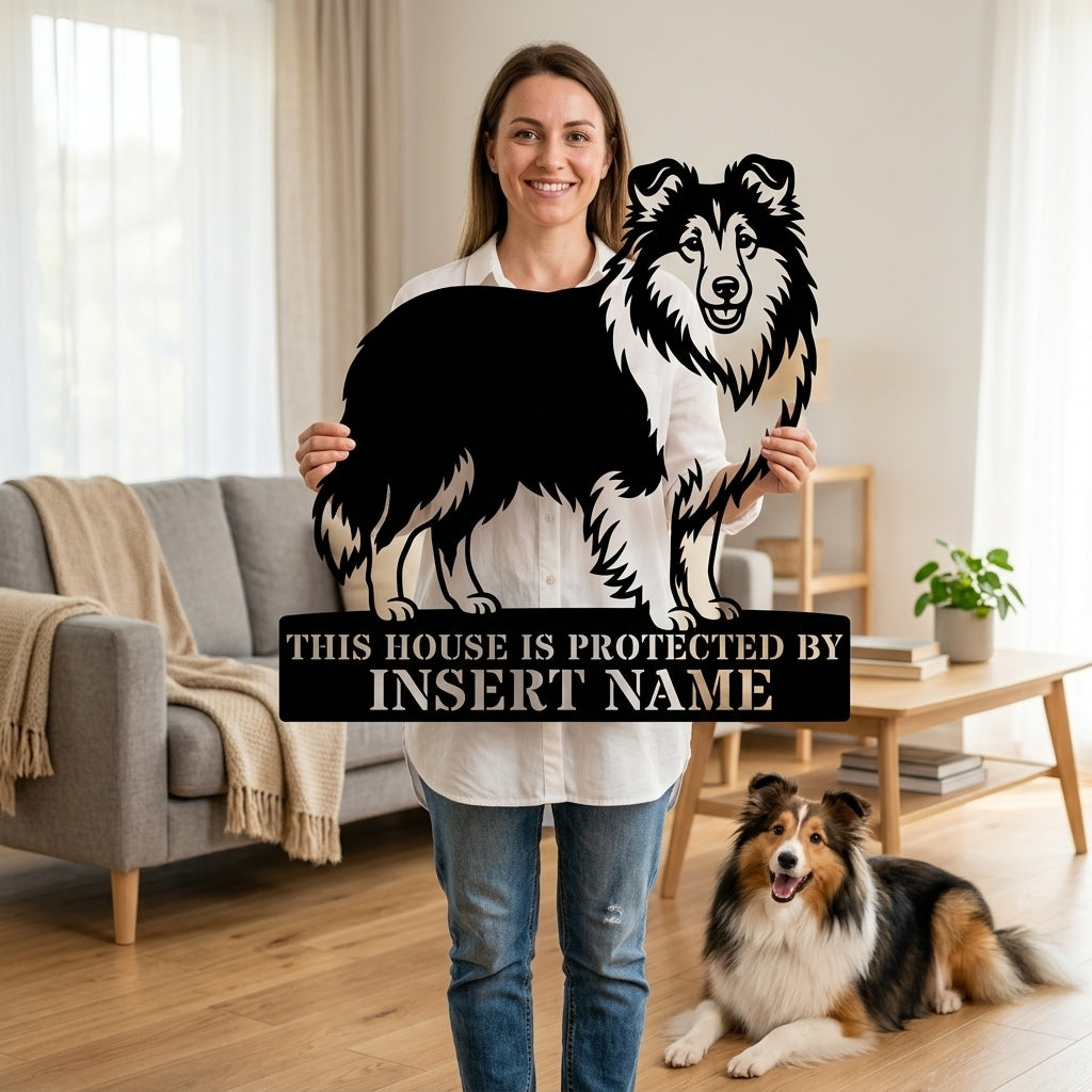 Personalized Shetland Sheepdog Guard Metal Sign. Custom Dog Protect Name Wall Decor