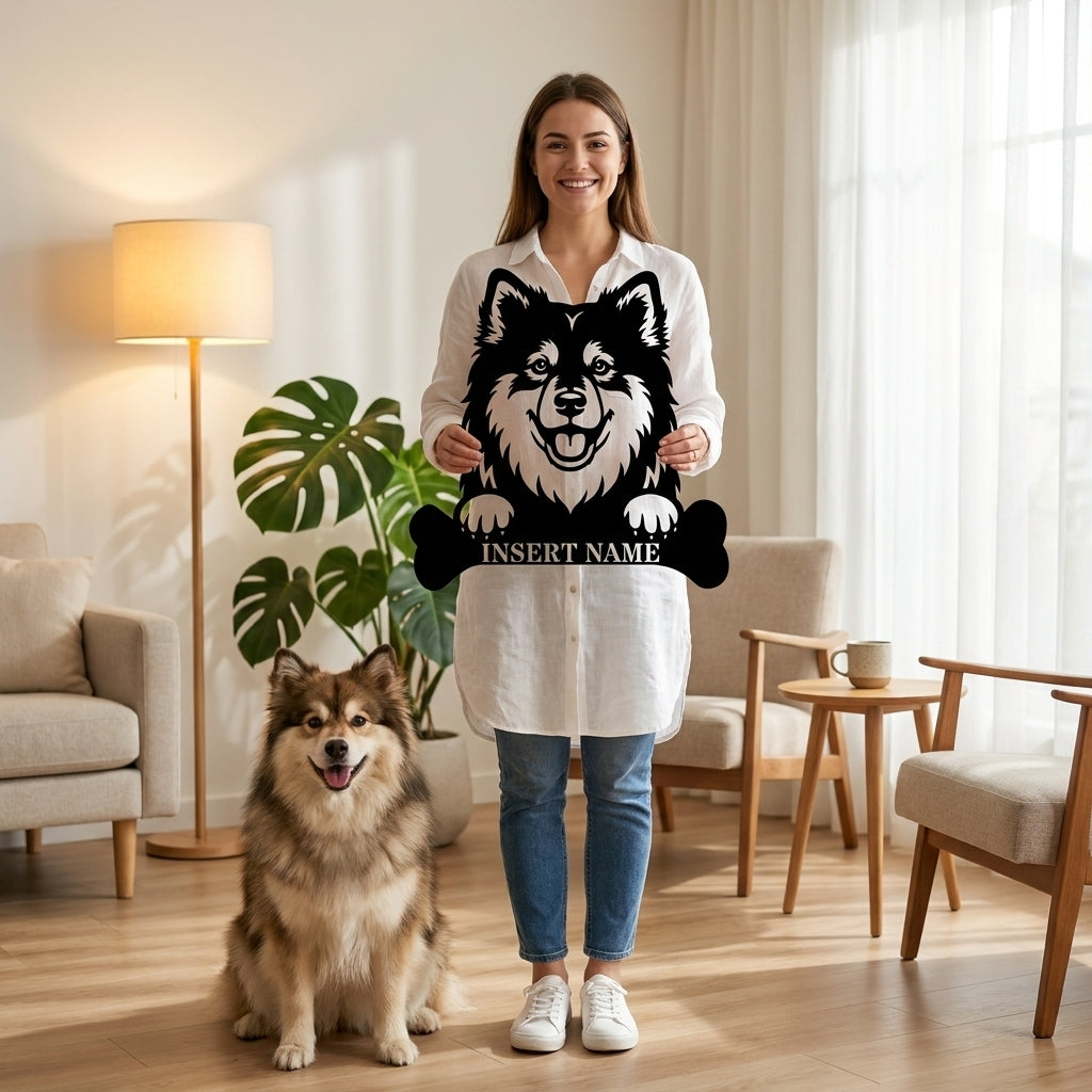 Personalized Finnish Lapphund With Bone Metal Sign. Custom Dog Name Decor