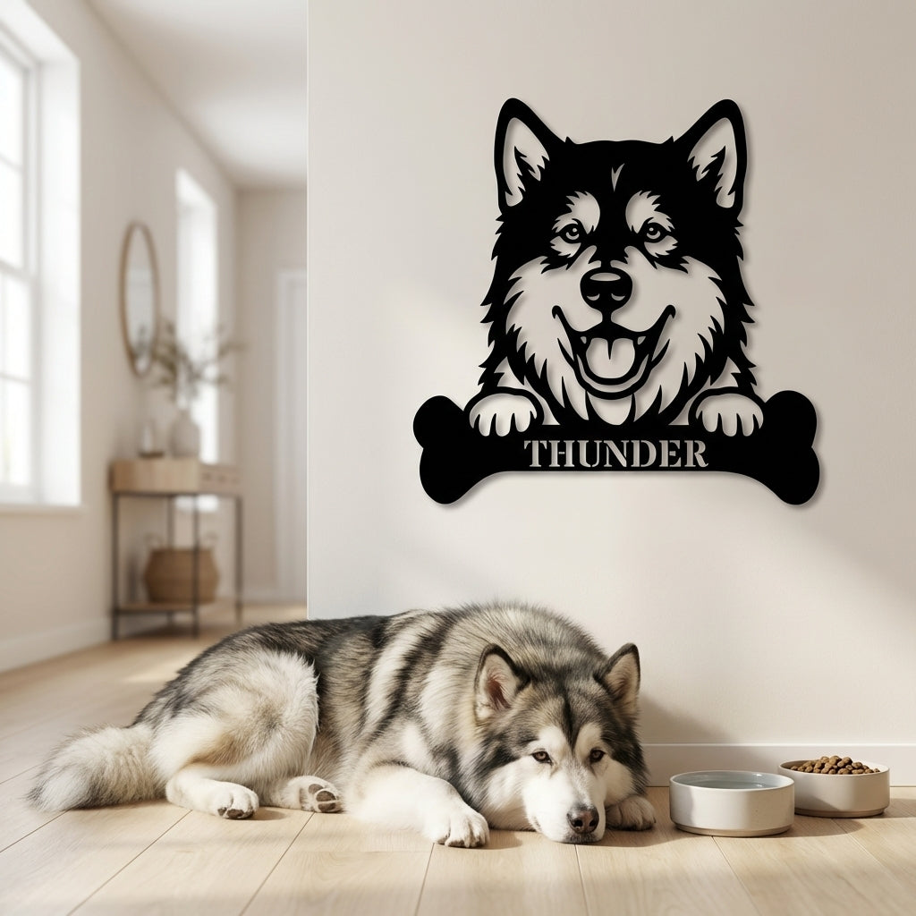 Personalized Alaskan Malamute With Bone Name Metal Sign