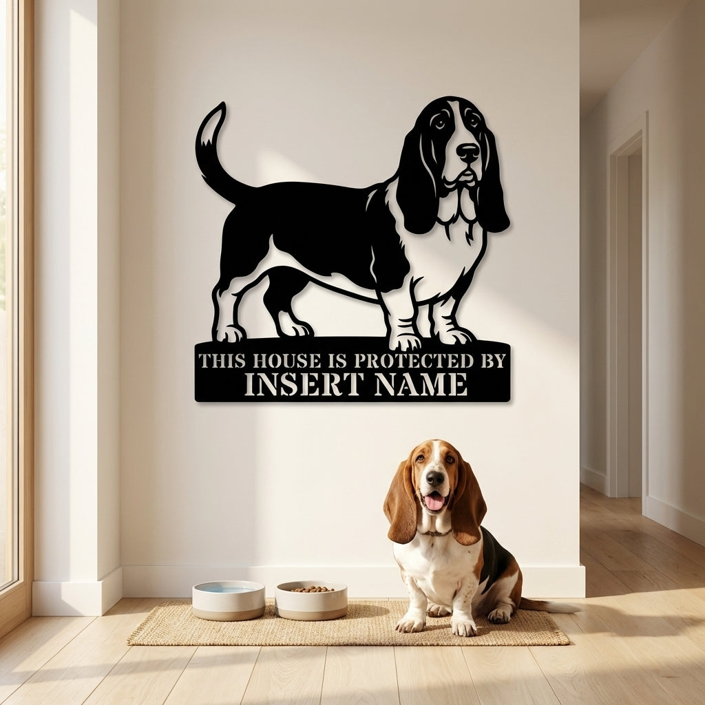 Personalized Basset Hound Guard Metal Sign. Custom Dog Name Wall Decor