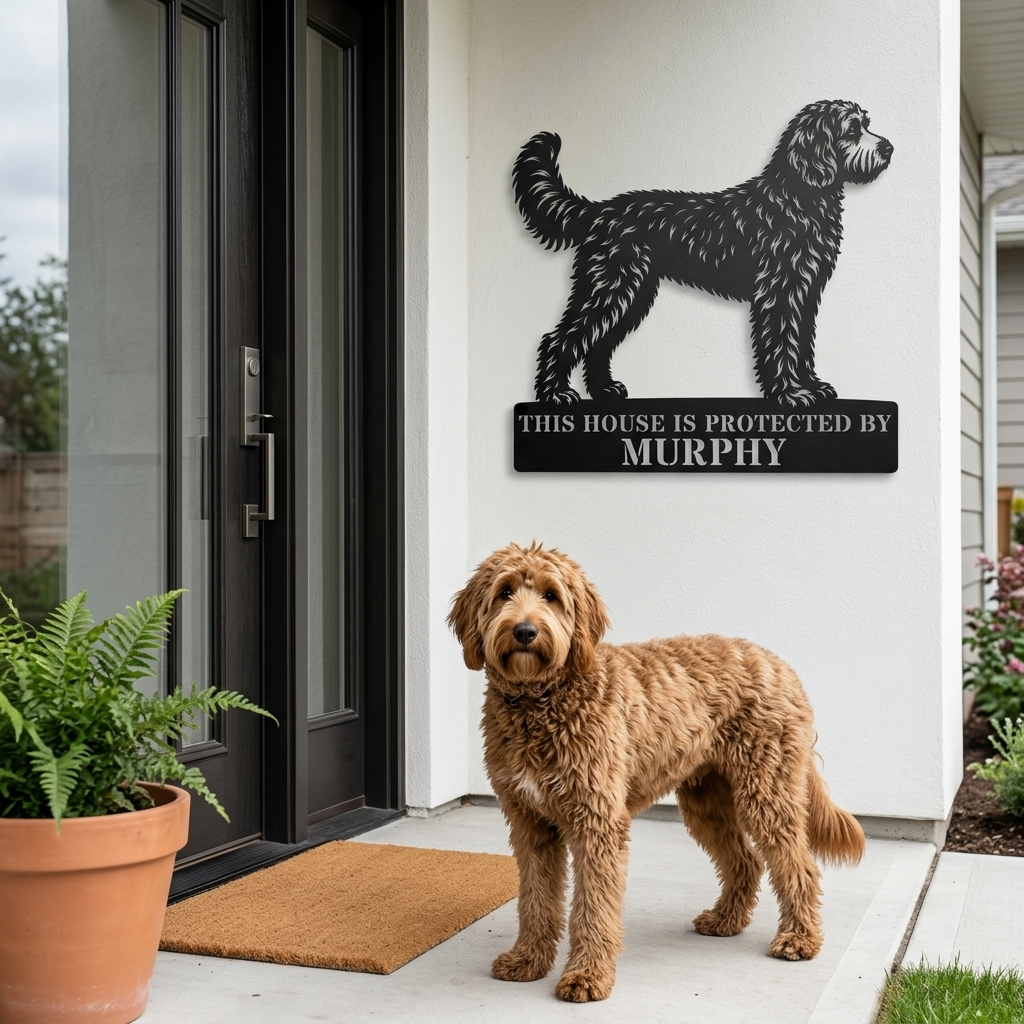 Personalized Doodle Guard Metal Sign. Custom Dog Name Wall Decor