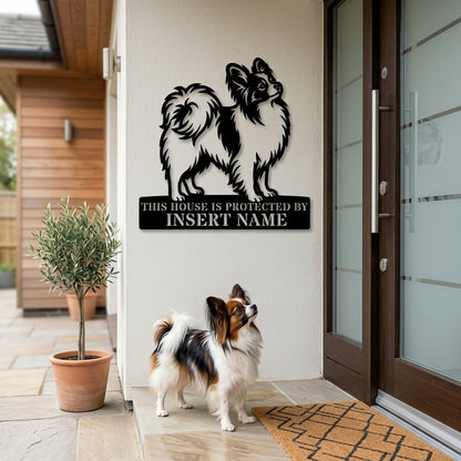 Personalized Papillon Dog Guard Metal Sign. Custom Dog Protect Name Wall Decor