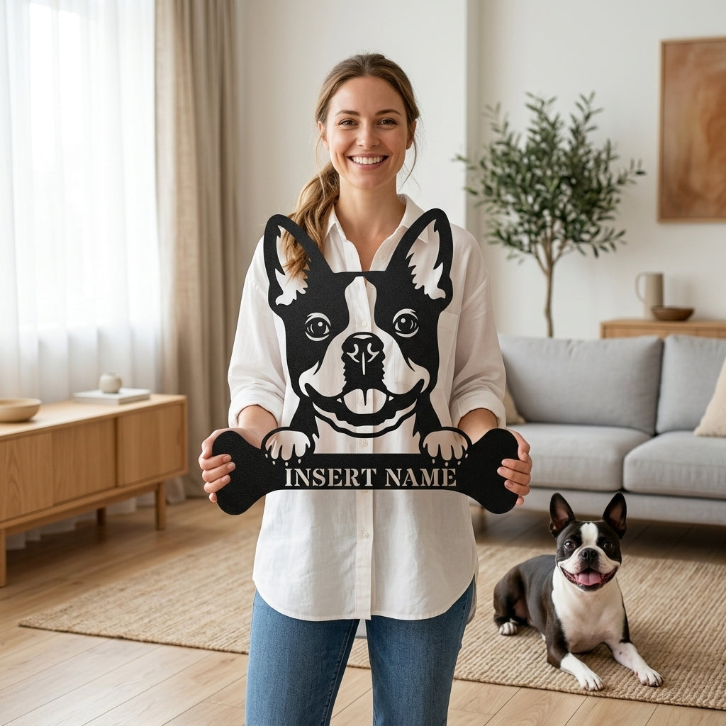 Personalized Boston Terrier With Bone Metal Sign. Custom Funny Dog Name Decor