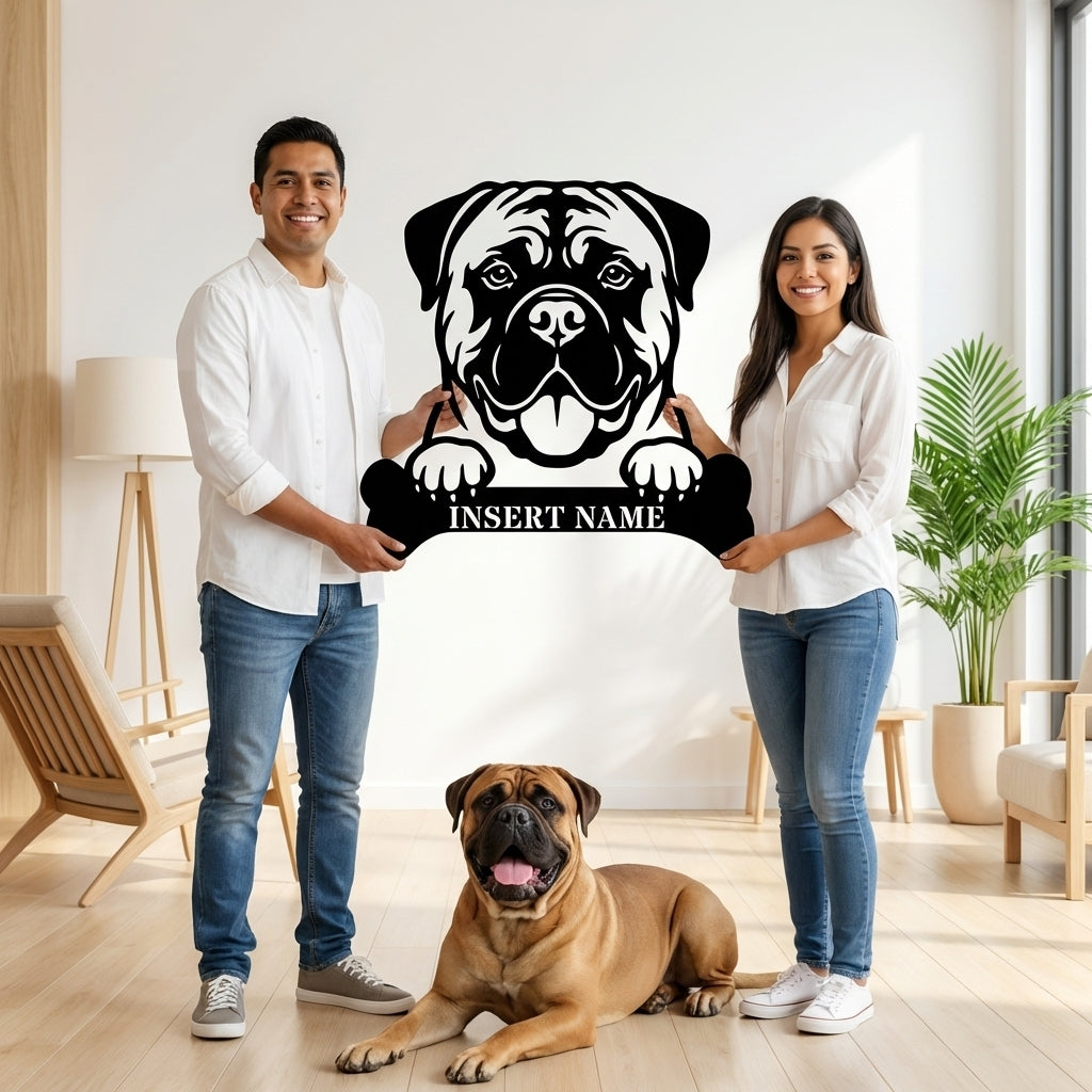 Personalized Bullmastiff Dog With Bone Metal Sign. Custom Funny Dog Name Decor