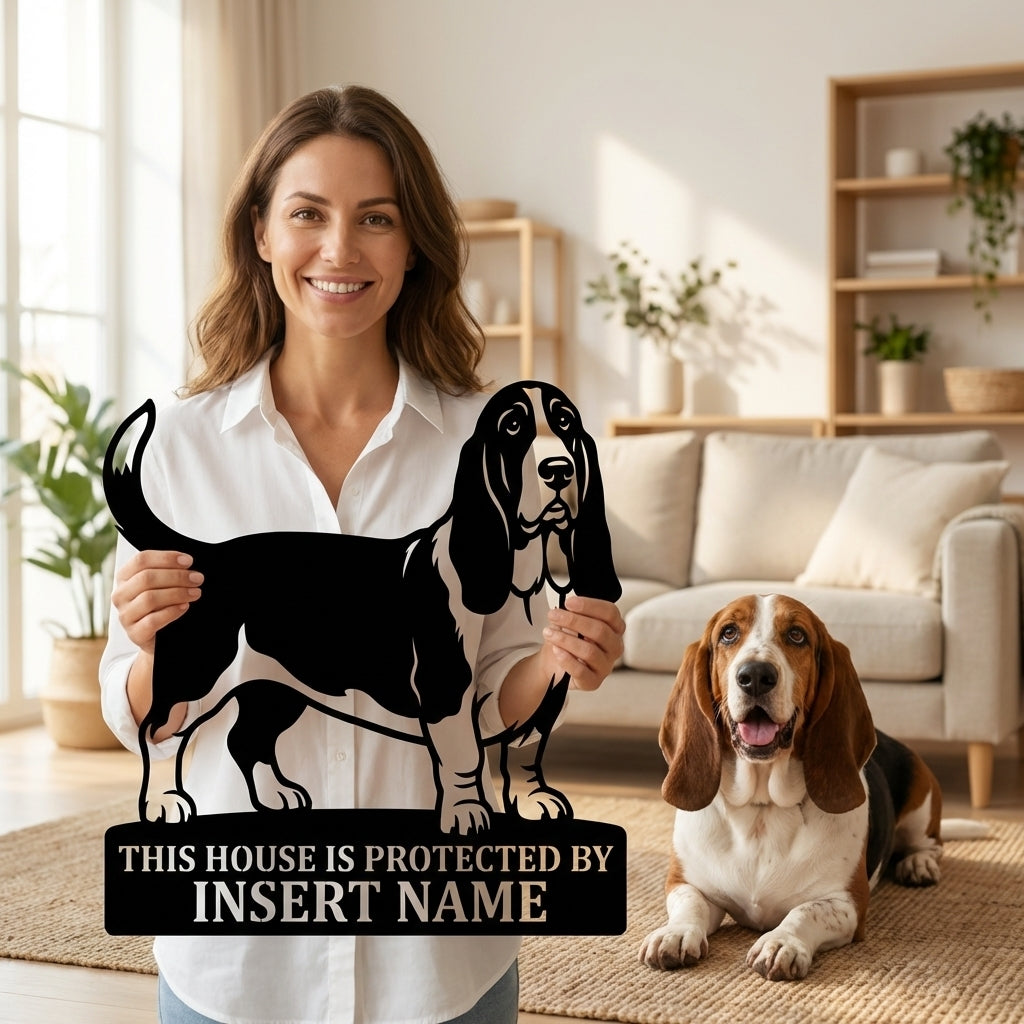 Personalized Basset Hound Guard Metal Sign. Custom Dog Name Wall Decor