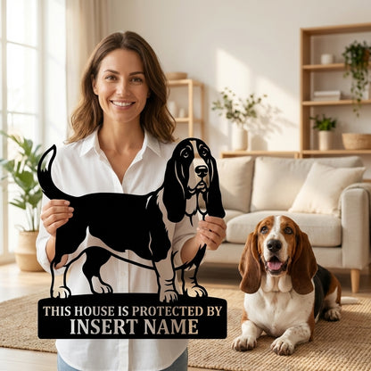 Personalized Basset Hound Guard Metal Sign. Custom Dog Name Wall Decor