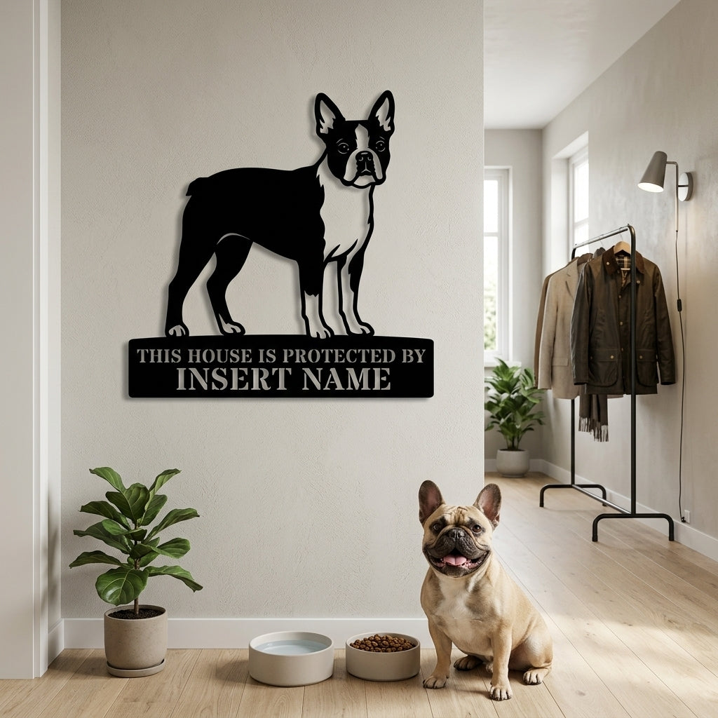 Personalized Boston Terrier Guard Metal Sign. Custom Dog Protect Name Wall Decor