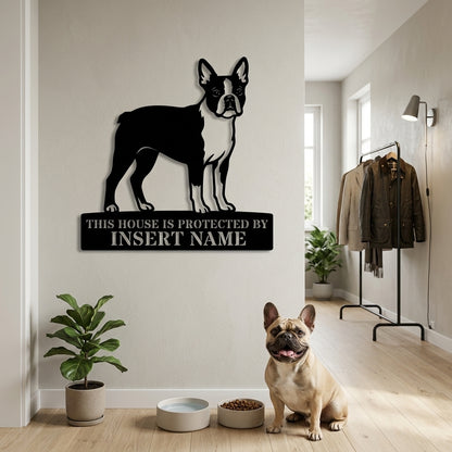 Personalized Boston Terrier Guard Metal Sign. Custom Dog Protect Name Wall Decor