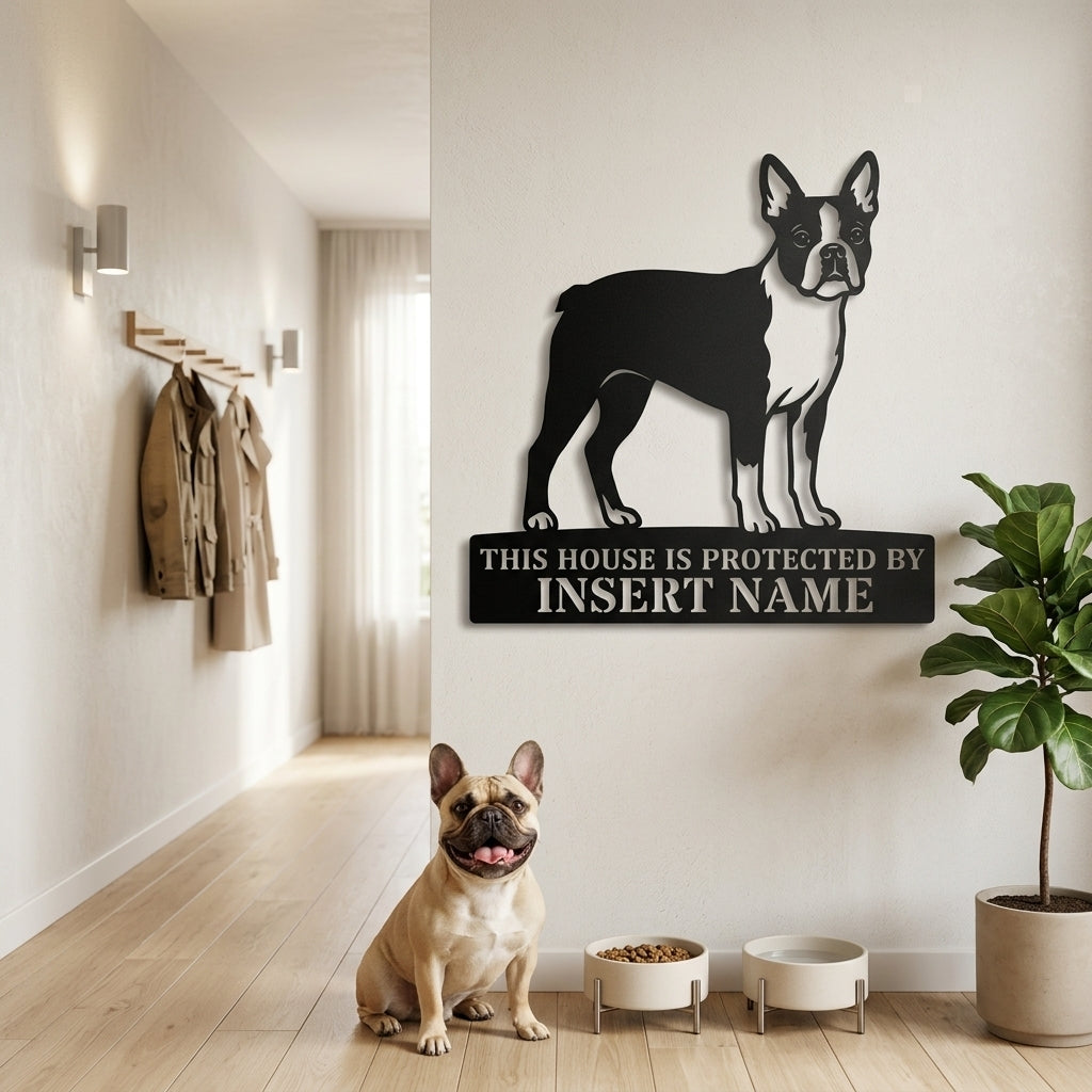 Personalized Boston Terrier Guard Metal Sign. Custom Dog Protect Name Wall Decor