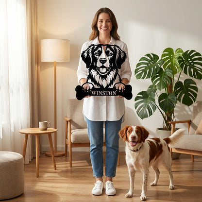 Personalized Brittany Dog With Bone Metal Sign. Custom Dog Name Decor