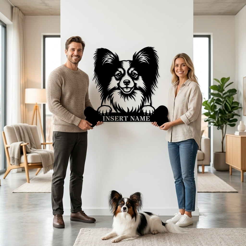 Personalized Papillon With Bone Name Metal Sign. Funny Custom Dog Wall Decor Gift
