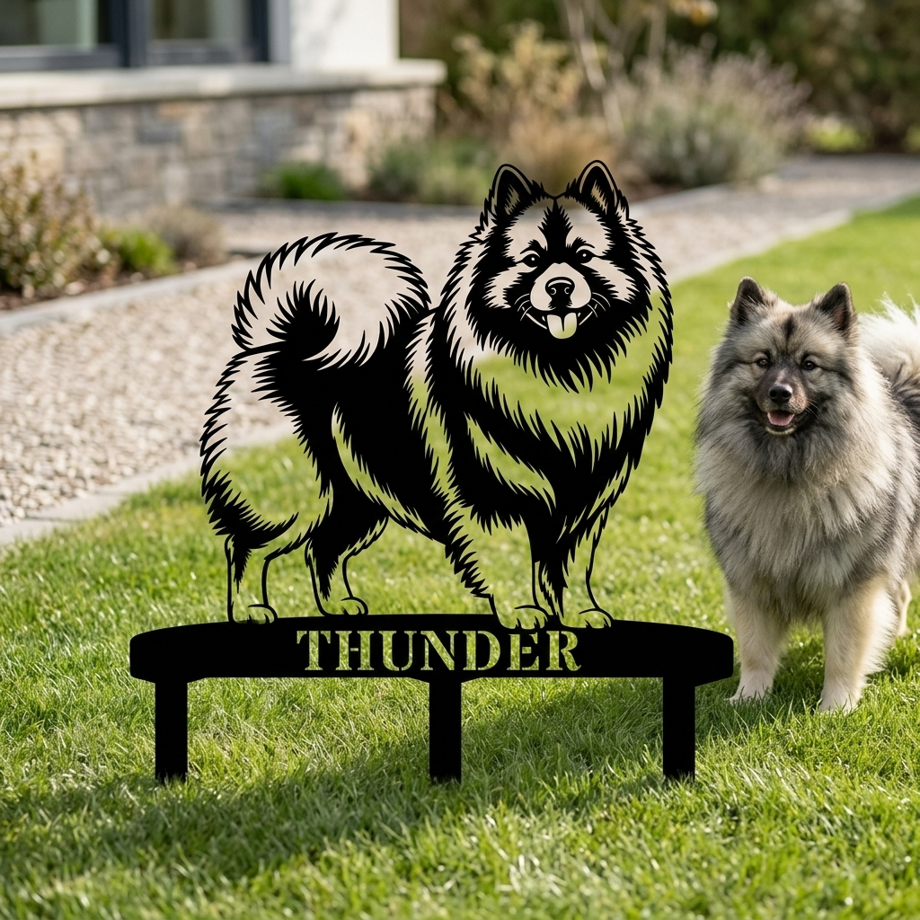 Personalized Keeshond Garden Metal Sign With Stakes. Custom Dog Lover Name Gift