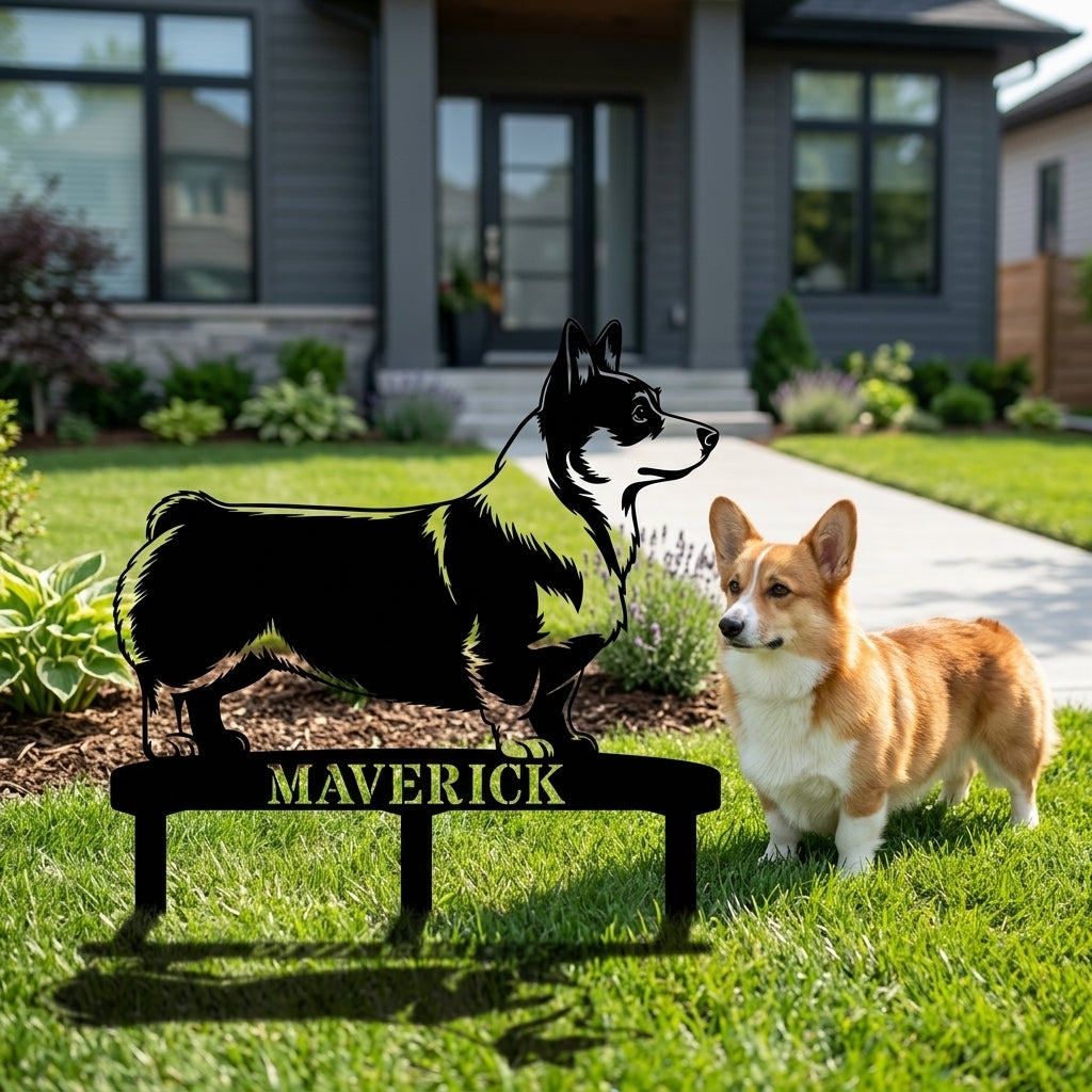 Personalized Corgi Garden Metal Sign With Stakes. Custom Dog Lover Name Gift