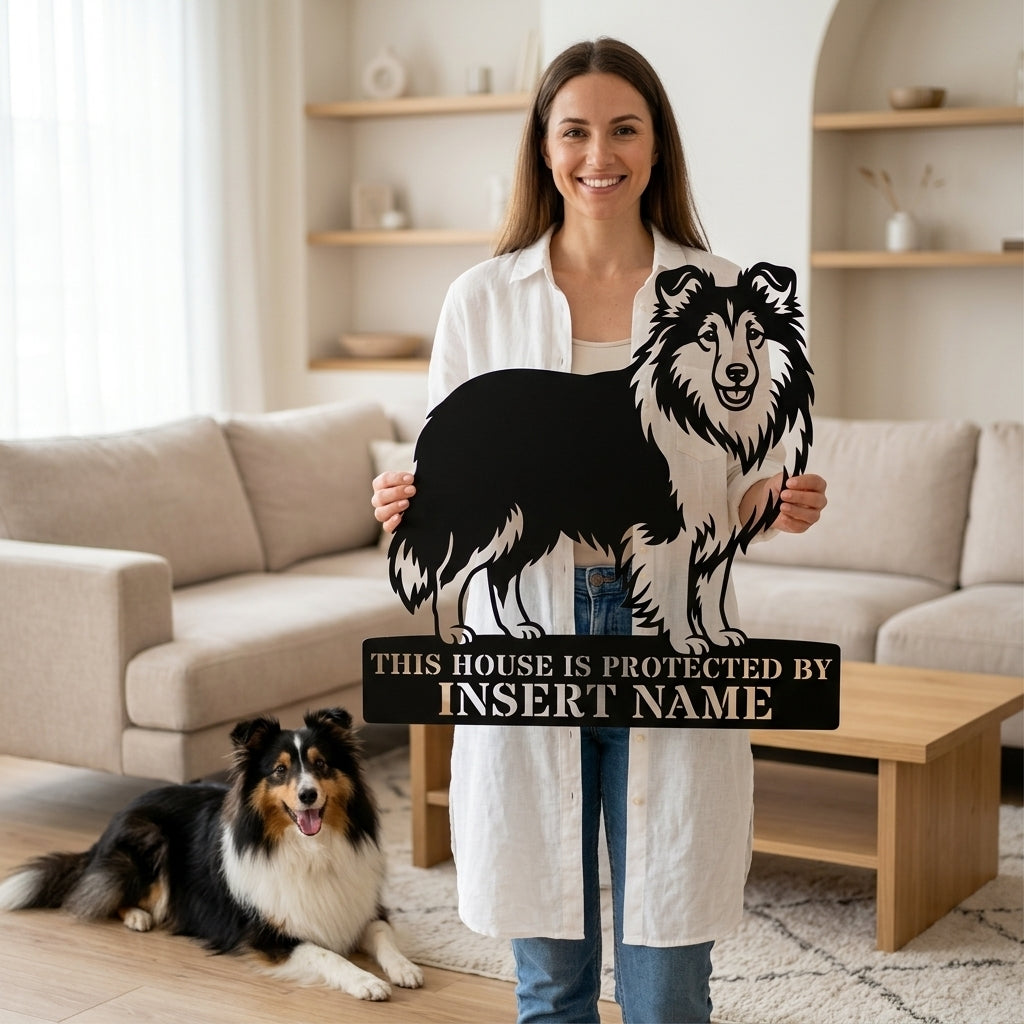 Personalized Shetland Sheepdog Guard Metal Sign. Custom Dog Protect Name Wall Decor