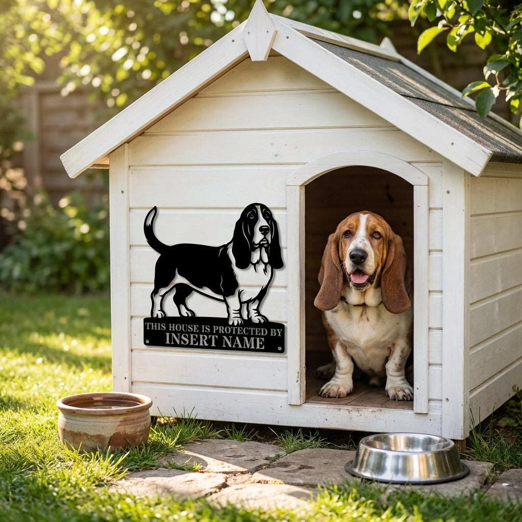 Personalized Basset Hound Guard Metal Sign. Custom Dog Name Wall Decor