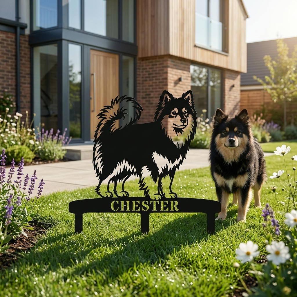 Personalized Finnish Lapphund Garden Metal Sign With Stakes. Custom Dog Lover Name Gift