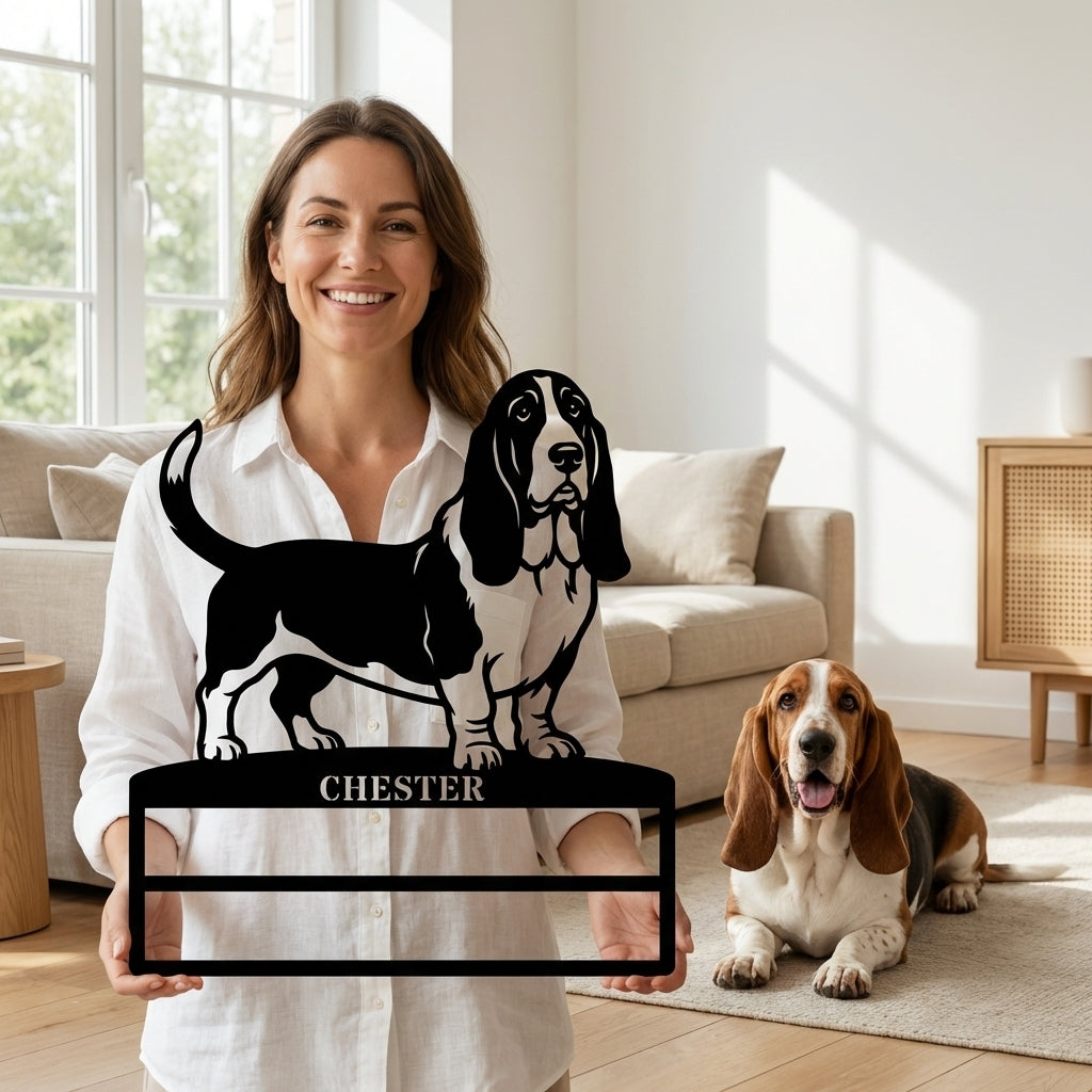 Personalized Basset Hound Rosette Name Metal Sign. Custom Dog Champion Display