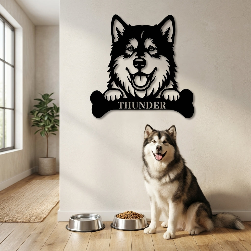 Personalized Alaskan Malamute With Bone Name Metal Sign