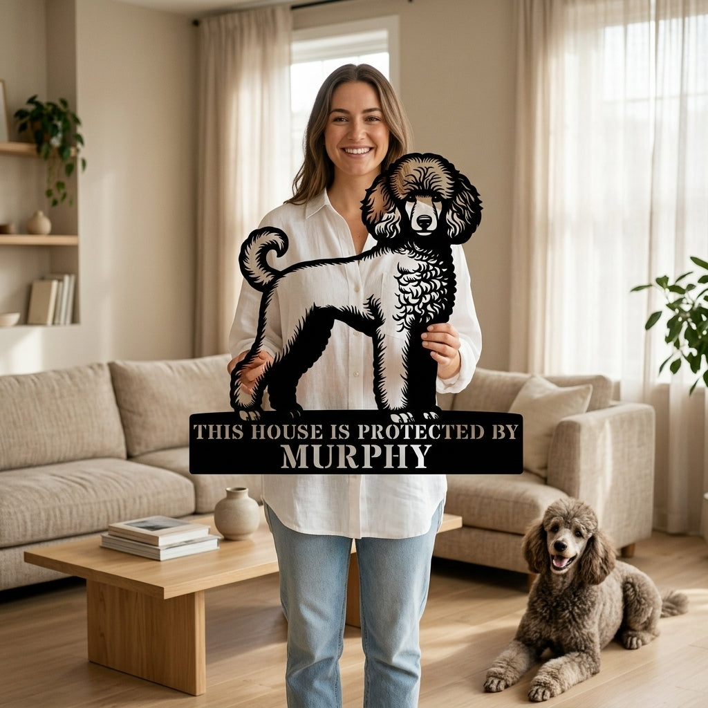 Personalized Poodle Dog Guard Metal Sign. Custom Dog Protect Name Wall Decor