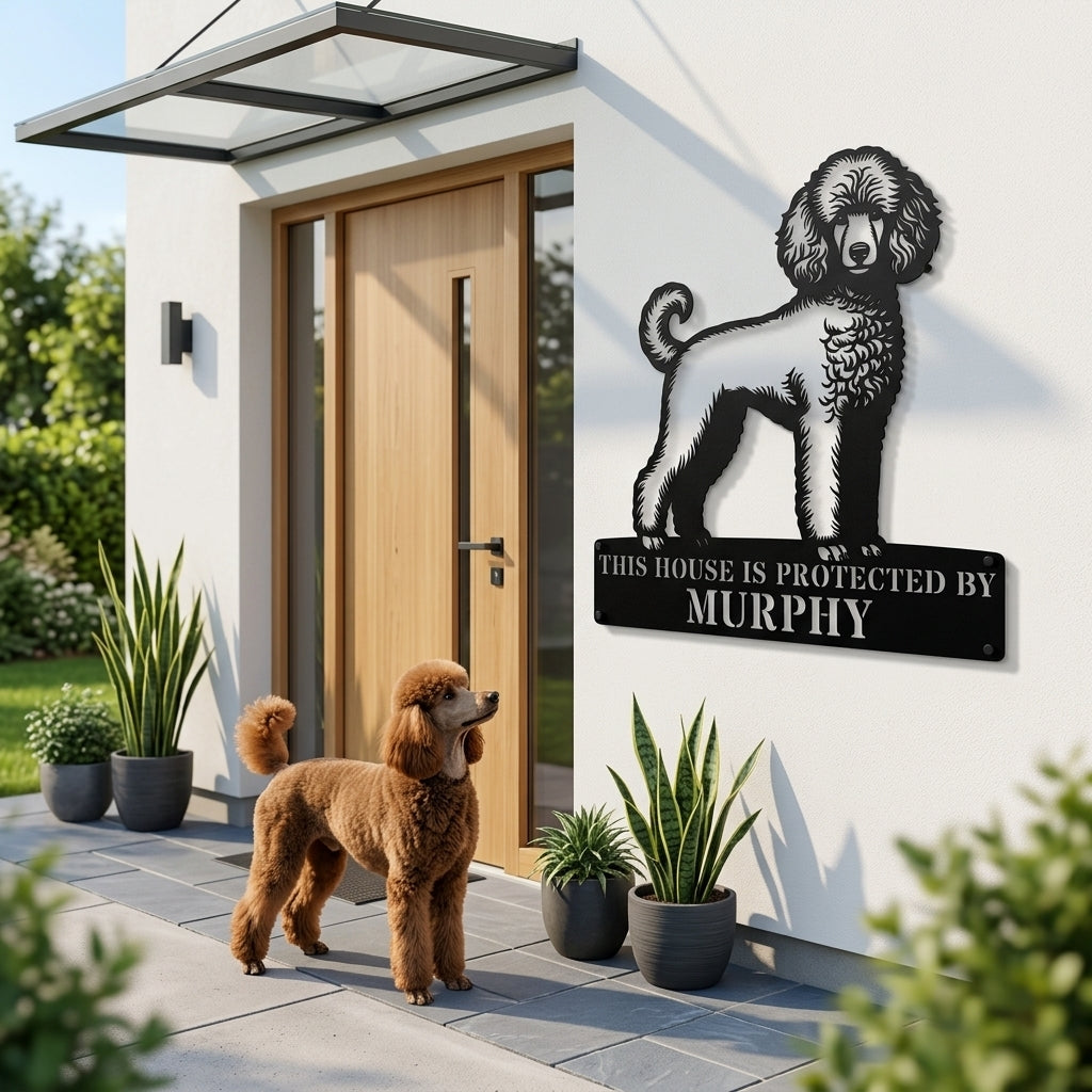 Personalized Poodle Dog Guard Metal Sign. Custom Dog Protect Name Wall Decor