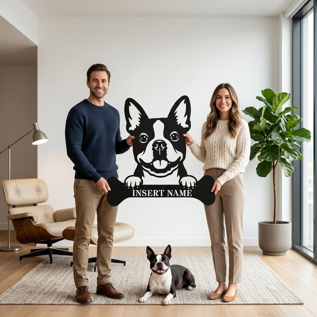 Personalized Boston Terrier With Bone Metal Sign. Custom Funny Dog Name Decor