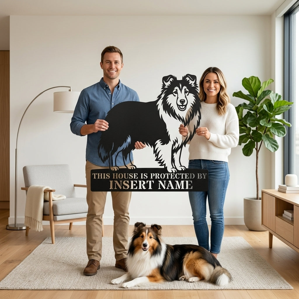Personalized Shetland Sheepdog Guard Metal Sign. Custom Dog Protect Name Wall Decor