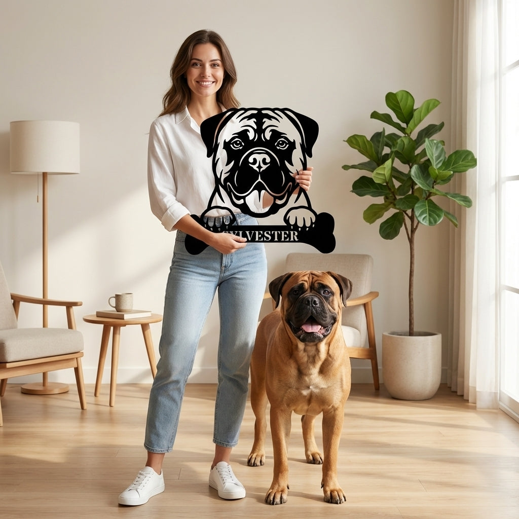 Personalized Bullmastiff Dog With Bone Metal Sign. Custom Funny Dog Name Decor