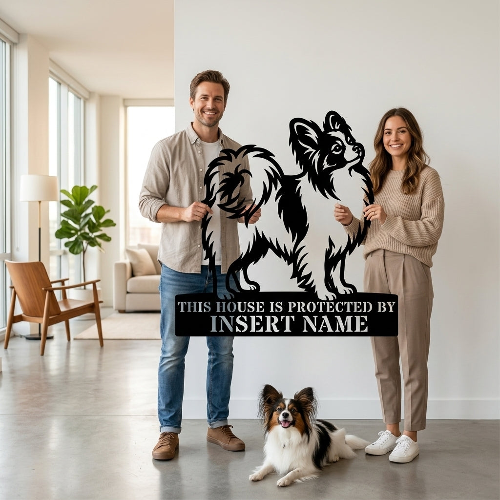Personalized Papillon Dog Guard Metal Sign. Custom Dog Protect Name Wall Decor