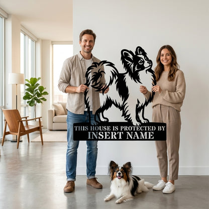 Personalized Papillon Dog Guard Metal Sign. Custom Dog Protect Name Wall Decor
